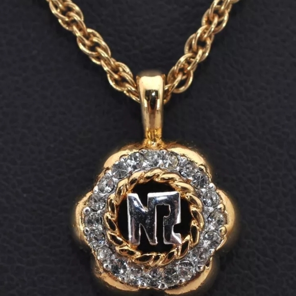 Nina Ricci Goldplated Necklace W/Rhinestone Logo Pendant EUC! - Picture 2 of 14
